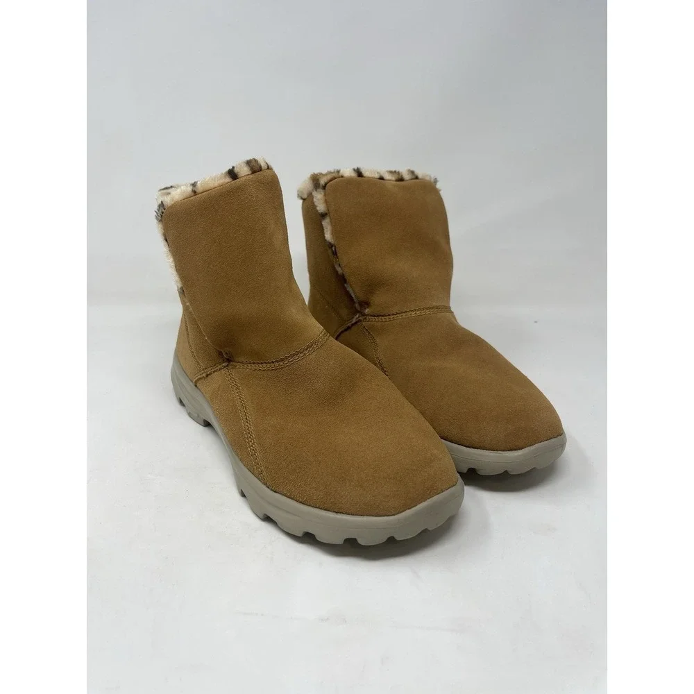 Skechers Boots Chestnut & Leopard Goga Mat On The Go Suede Faux Fur Lined Size 8